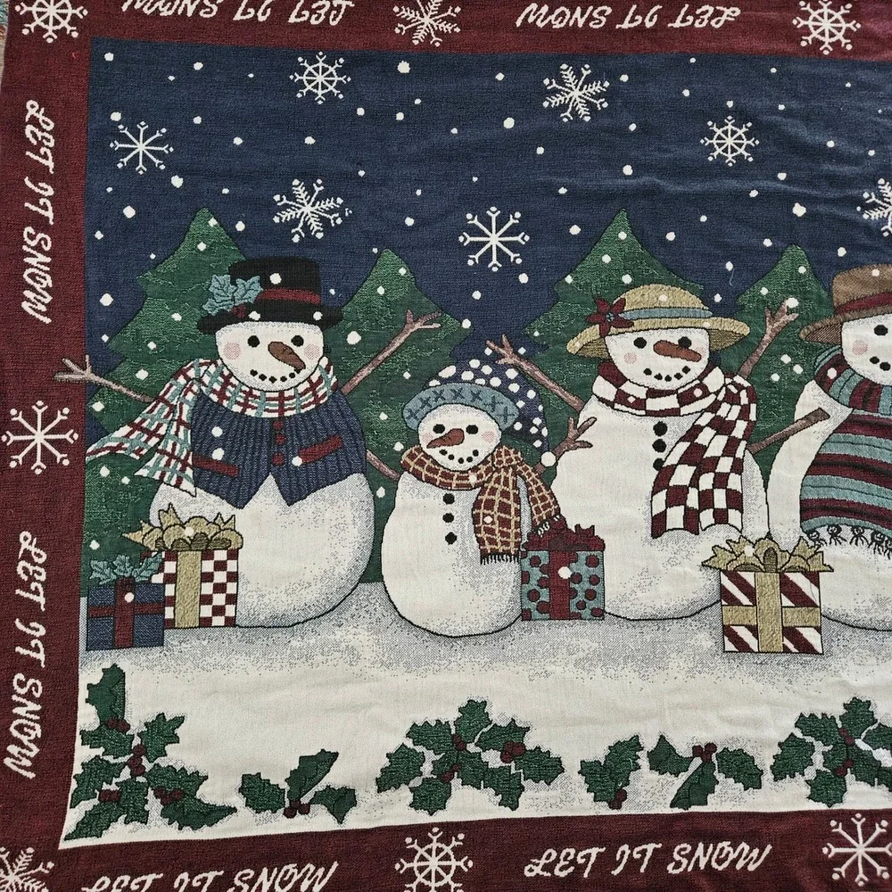 Let It‎ Snow Snowman Family Woven Tapestry Throw Blanket Fringed Holiday Decor